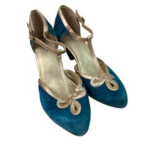Seychelles Women's Size 10 Teal Suede Leather Gold Slingback Pumps